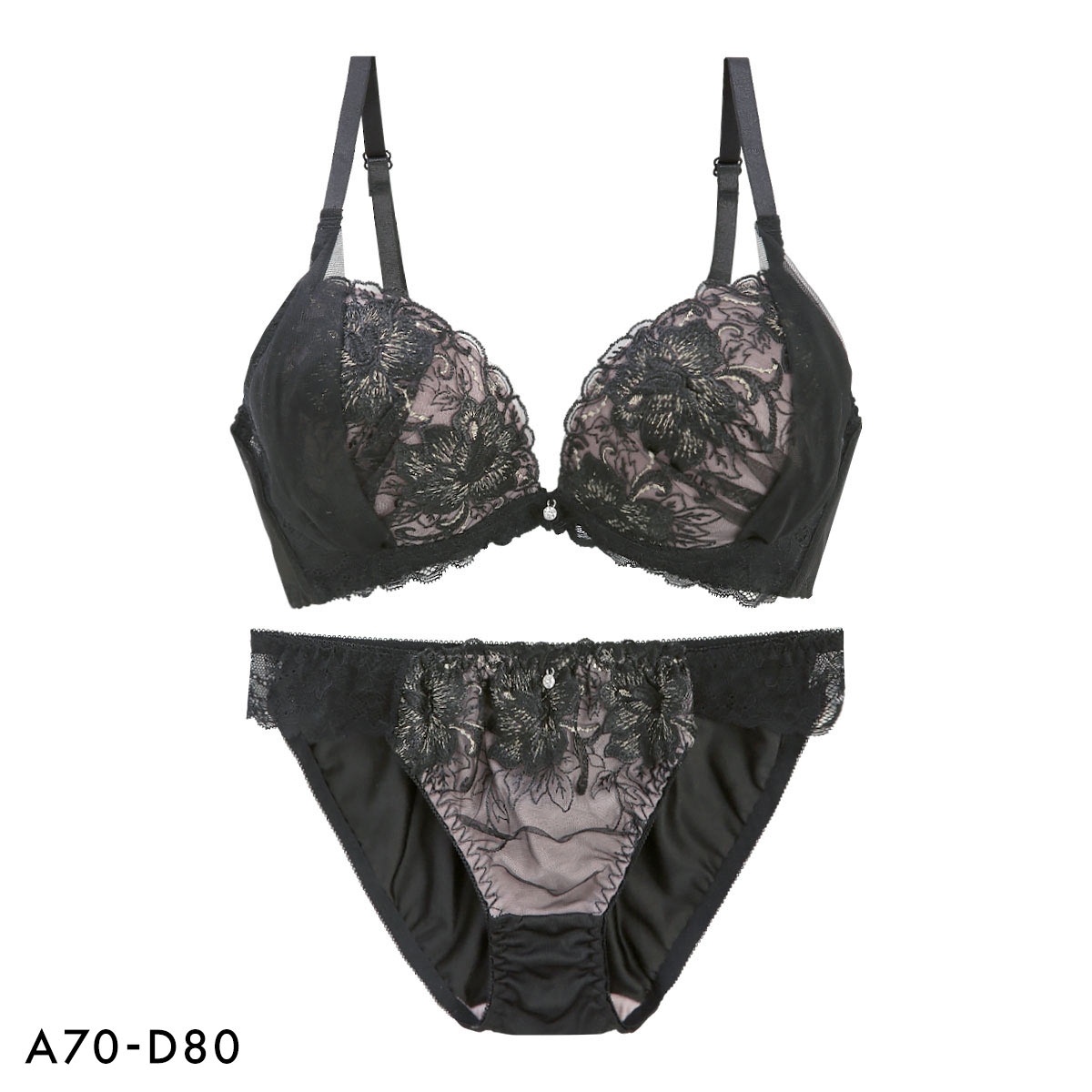 エクラ 脇高 ラメ入り大花チュール ブラセット ABCD 大きいサイズ 脇肉 谷間 盛り 脇寄せ バストアップ ブラジャー ショーツ ECLAT(BK-ブラック-A70-M)