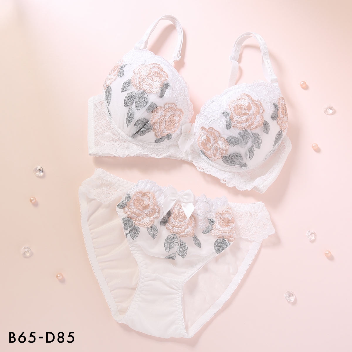 ピュアシェリ 脇高 ロイヤルローズ ブラセット ABCD 谷間 盛り 脇寄せ ブラジャー ショーツ セット PURECHERIE(WH-ホワイト-B65-M)