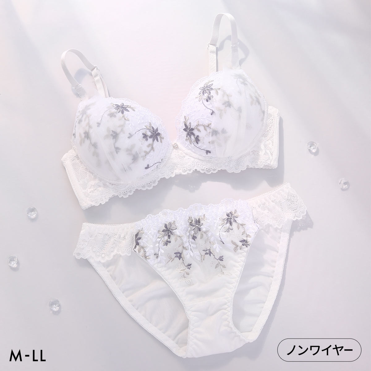 ピュアシェリ ボタニカルハーフチュール ノンワイヤー ブラセット M L LL ブラジャー ショーツ セット ワイヤレス PURECHERIE(WH-ホワイト-M／M)