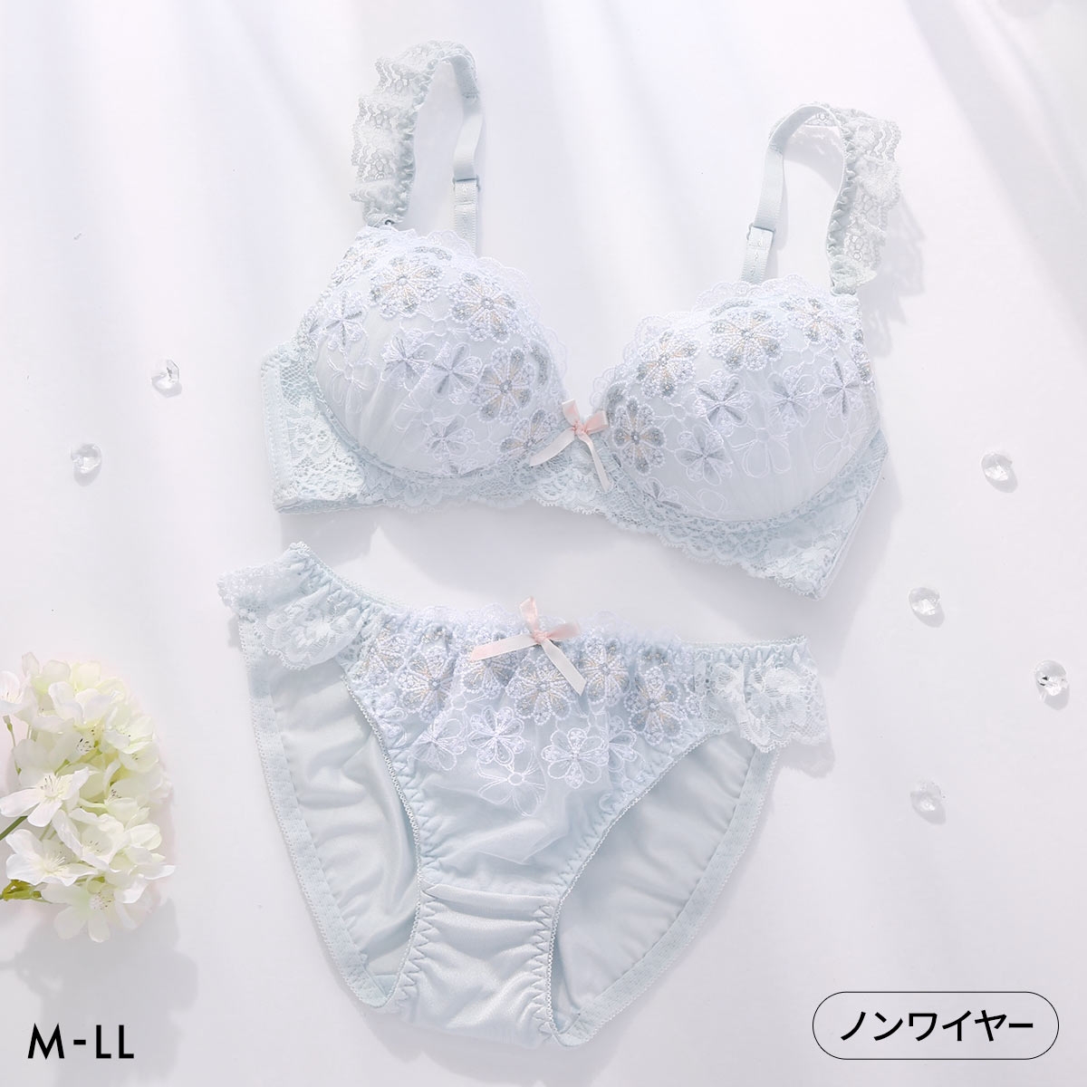 ピュアシェリ ガーリーフラワー ノンワイヤー ブラセット M L LL ブラジャー ショーツ セット ワイヤレス PURECHERIE(MI-ミント-M／M)