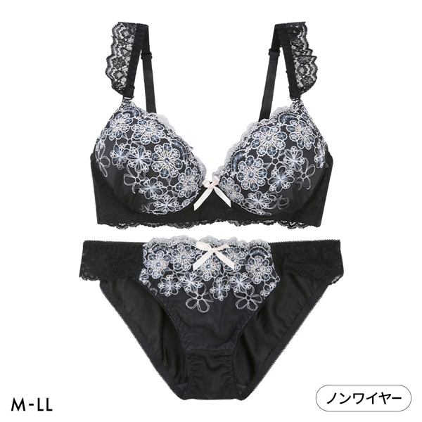 ピュアシェリ ガーリーフラワー ノンワイヤー ブラセット M L LL ブラジャー ショーツ セット ワイヤレス PURECHERIE