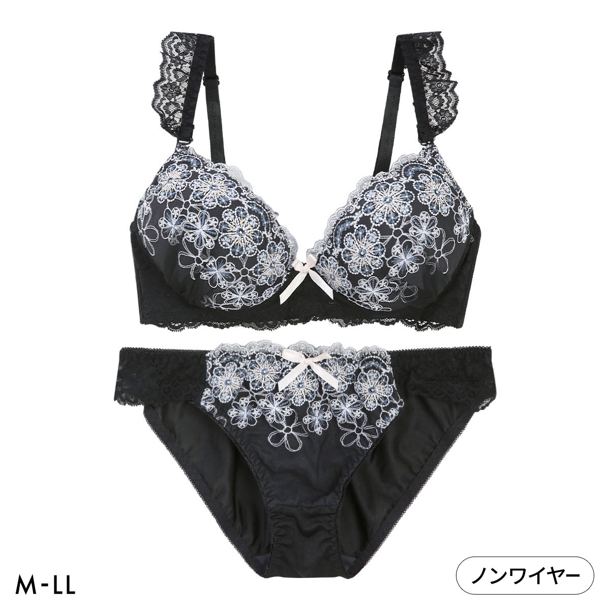 ピュアシェリ ガーリーフラワー ノンワイヤー ブラセット M L LL ブラジャー ショーツ セット ワイヤレス PURECHERIE(BK-ブラック-M／M)