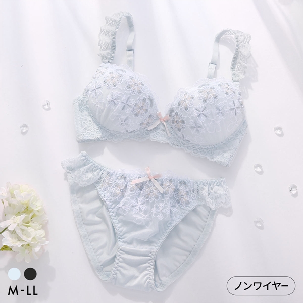 ピュアシェリ ガーリーフラワー ノンワイヤー ブラセット M L LL ブラジャー ショーツ セット ワイヤレス PURECHERIE