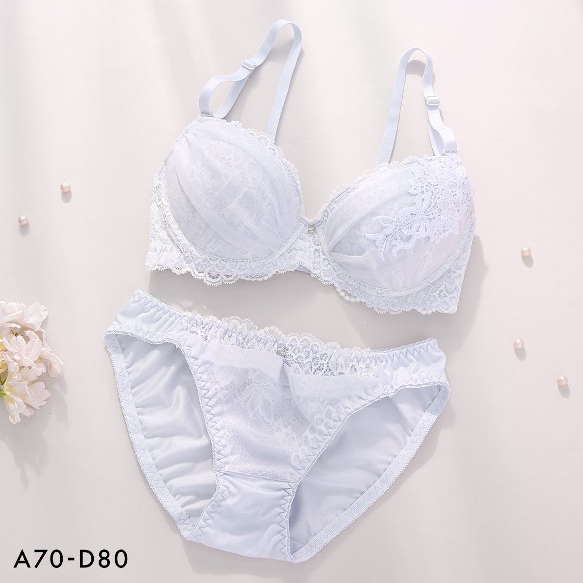 エクラ ロマンティックブーケ ブラセット ABCD 谷間 盛り 脇寄せ ブラジャー ショーツ セット ECLAT(BU-ブルー-A70-M)