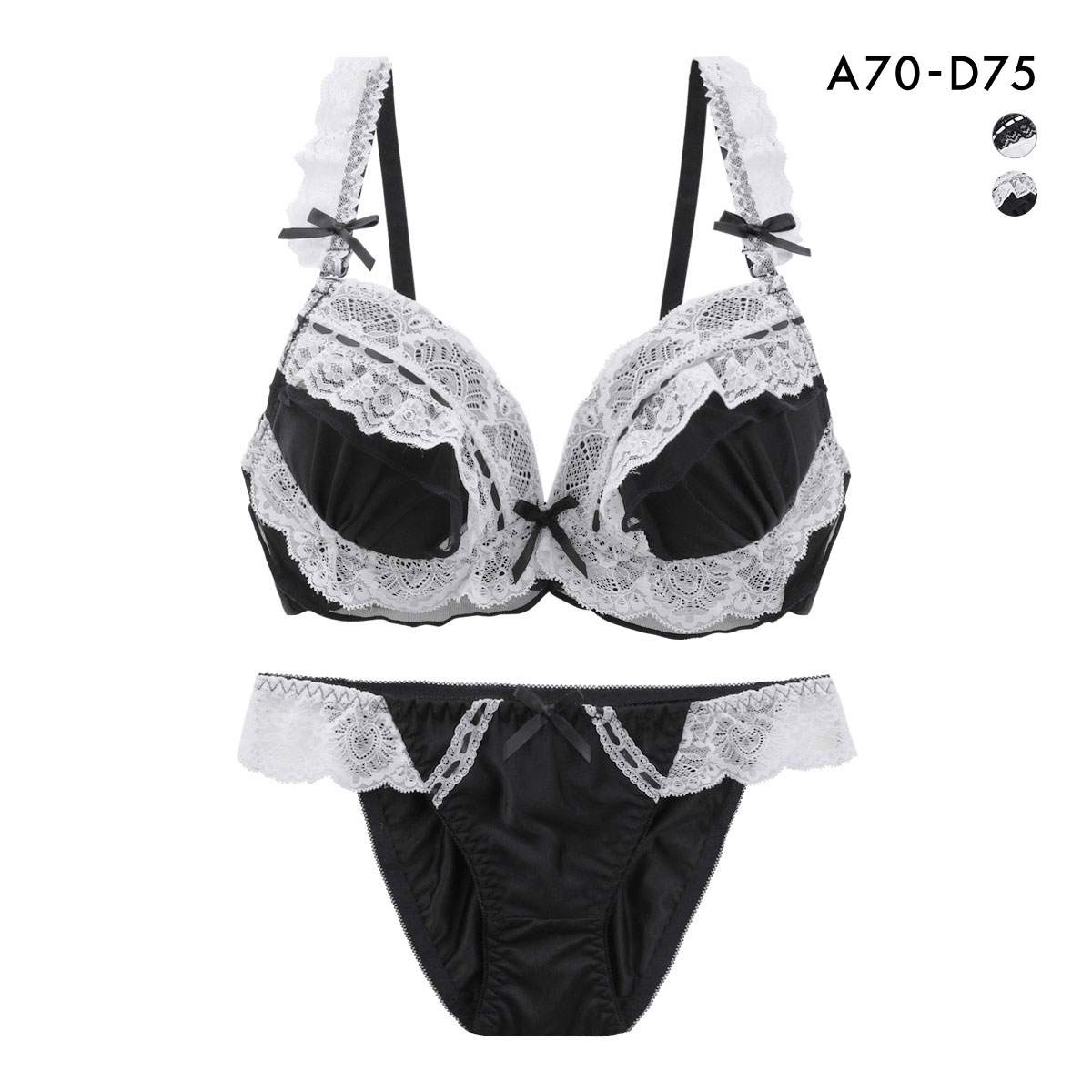ピュアシェリ スウィートフリルリボン ブラセット ABCD ブラジャー ショーツ セット メイド風 コス 谷間 L字 脇寄せ 盛り PURECHERIE(BK-ブラック-A70-M)
