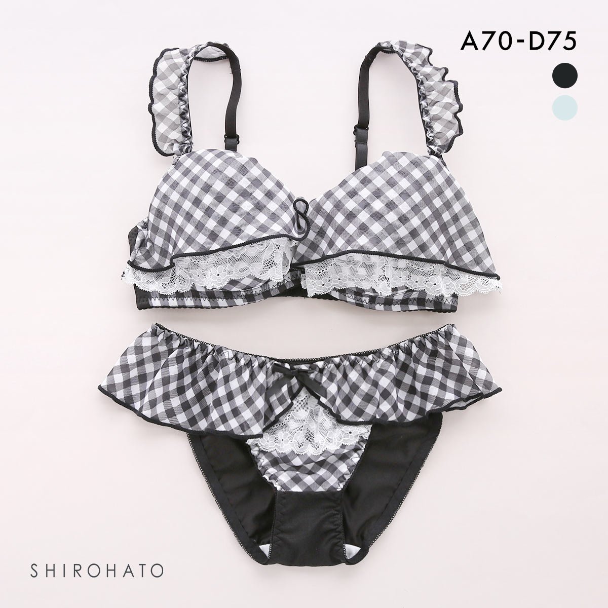 ピュアシェリ ギンガムチェックシフォンフリル ブラセット ABCD 盛り 谷間 ブラジャー ショーツ セット PURECHERIE(BK-ブラック-A70-M)