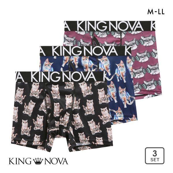 キングノバ ボクサーパンツ メンズ 前あき ねこ柄 三枚組 3P 3点セット KING NOVA キングノバ ボクサーパンツ メンズ 前あき ねこ柄 三枚組 3P 3点セット KING NOVA
