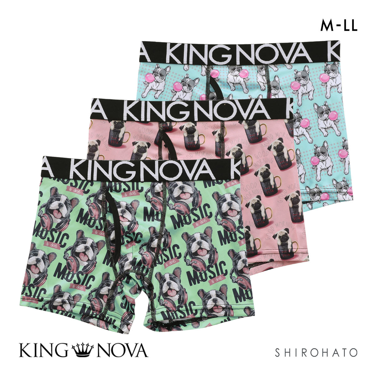 キングノバ わんこSET 3P ボクサーパンツ メンズ 前あき 3枚組 3点セット ストレッチ プリント KING NOVA 愛犬 dog(Set-M)