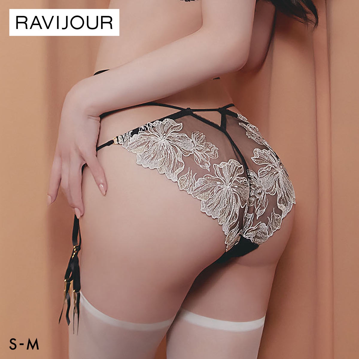 ラヴィジュール ミレイユ エンブロイダリーレース ノーマルショーツ SM セクシー 総レース バックレース 下着 RAVIJOUR(BK-ブラック-S)