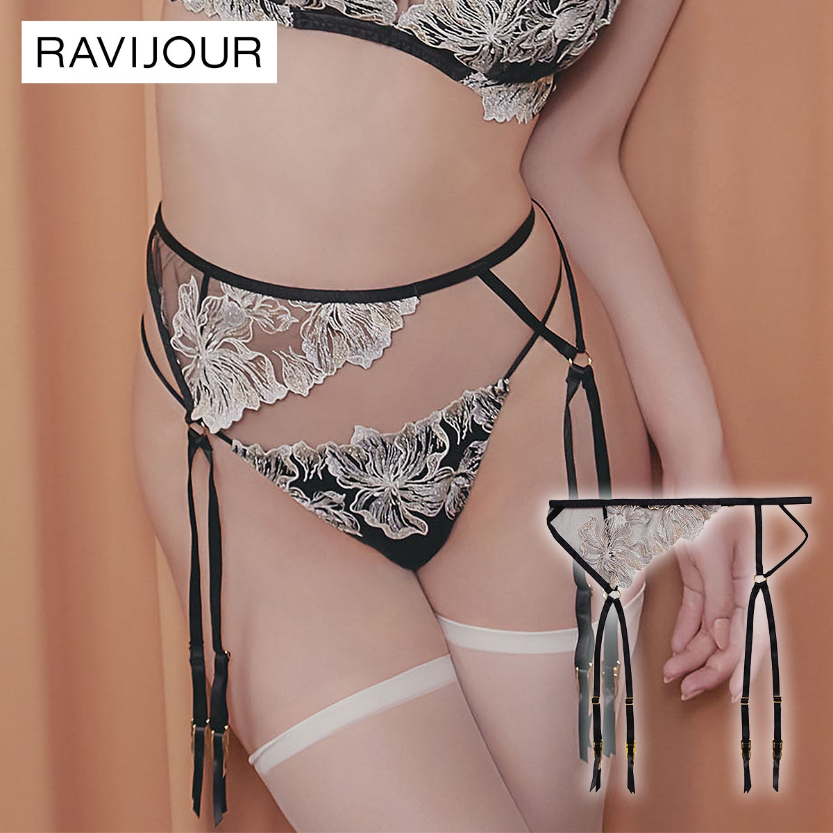 ラヴィジュール ミレイユ ガーター セクシー ランジェリー ガーターベルト RAVIJOUR 下着(BK-ブラック-ONESIZE)