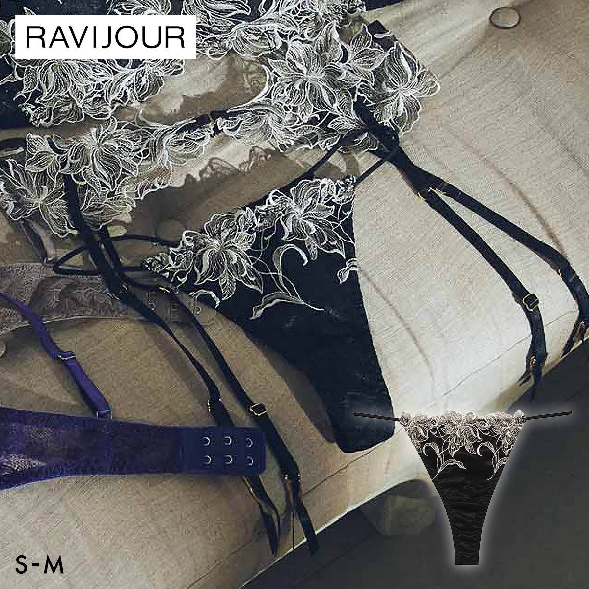ラヴィジュール シエナ エンブロイダリーレース Tバックショーツ SM 総レース ソング タンガ セクシー バックレース 下着 RAVIJOUR(BK-ブラック-S)