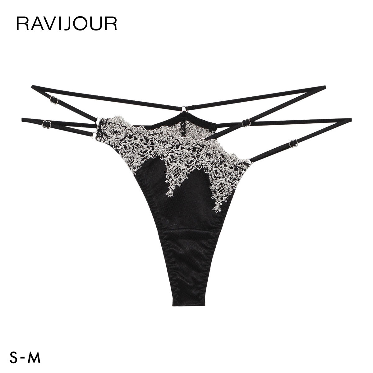 ラヴィジュール アリーヌ エンブロイダリーレース Tバックショーツ SM 総レース ソング タンガ セクシー バックレース RAVIJOUR(BK-ブラック-S)