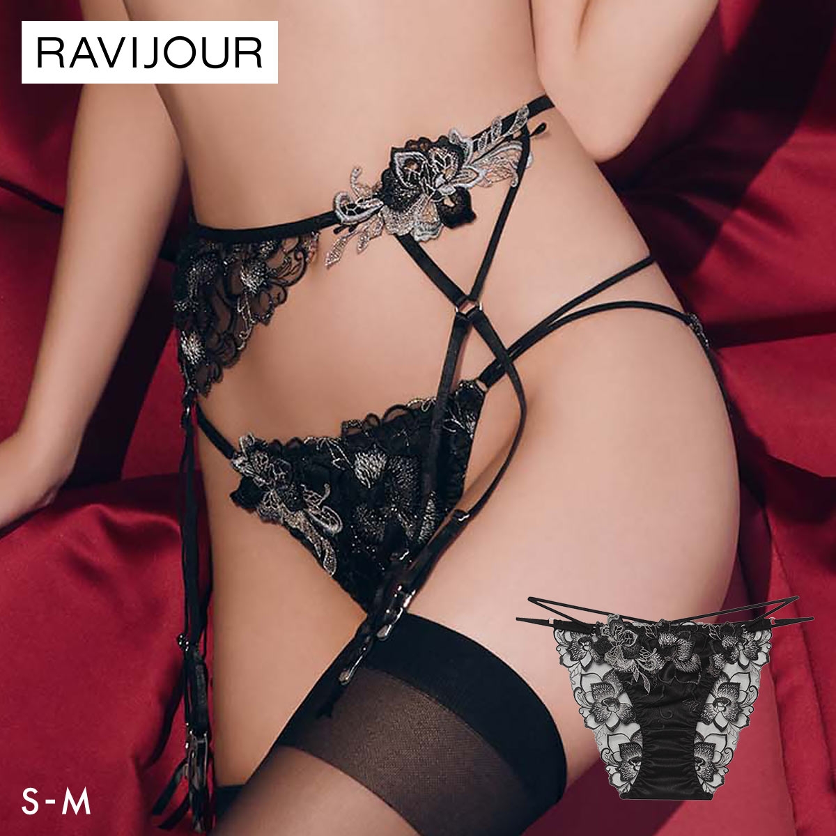 ラヴィジュール ノウェリカ エンブロイダリーレース ノーマルショーツ SM セクシー 総レース バックレース 下着 RAVIJOUR(BK-ブラック-S)