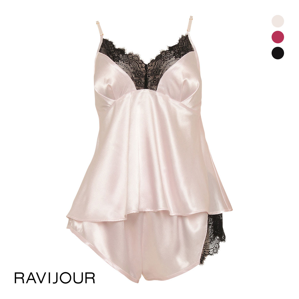 ラヴィジュール RAVIJOUR ブラックレースサテン セットアップ ルームウェア カップ付き パジャマ ランジェリー キャミソール(PI-ピンク-ONESIZE)