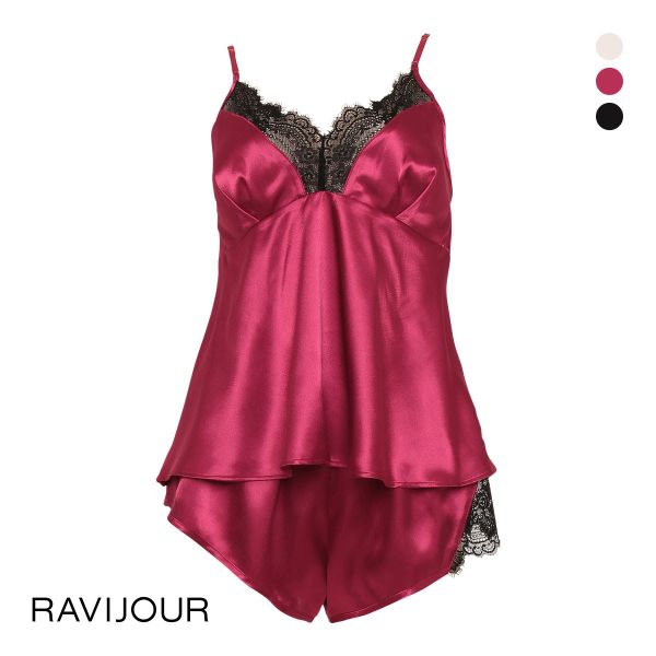 ラヴィジュール RAVIJOUR ブラックレースサテン セットアップ ルームウェア カップ付き パジャマ ランジェリー キャミソール