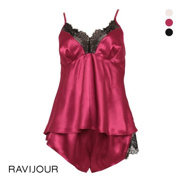 ラヴィジュール RAVIJOUR ブラックレースサテン セットアップ ルームウェア カップ付き パジャマ ランジェリー キャミソール
