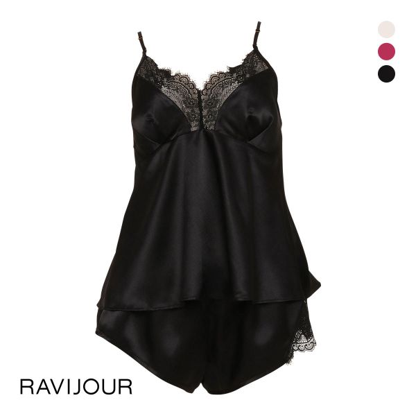 ラヴィジュール RAVIJOUR ブラックレースサテン セットアップ ルームウェア カップ付き パジャマ ランジェリー キャミソール