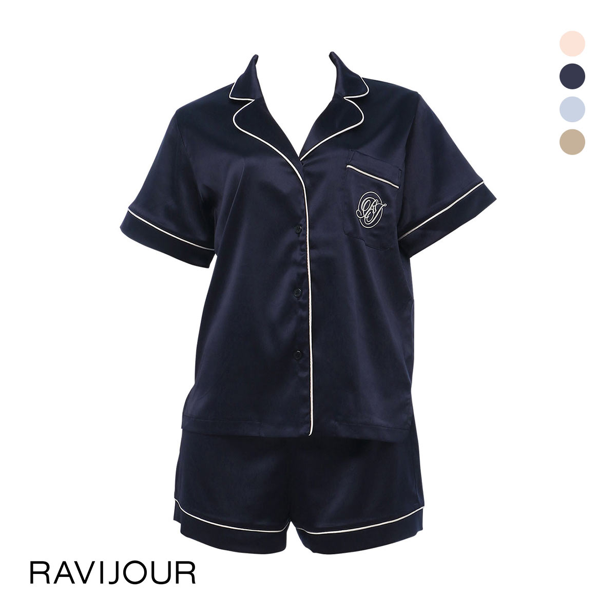 ラヴィジュール RAVIJOUR サテンシャツ ショートスリーブ セットアップ ルームウェア 半袖 パジャマ ナイトウェア(NV-ネイビー-ONESIZE)