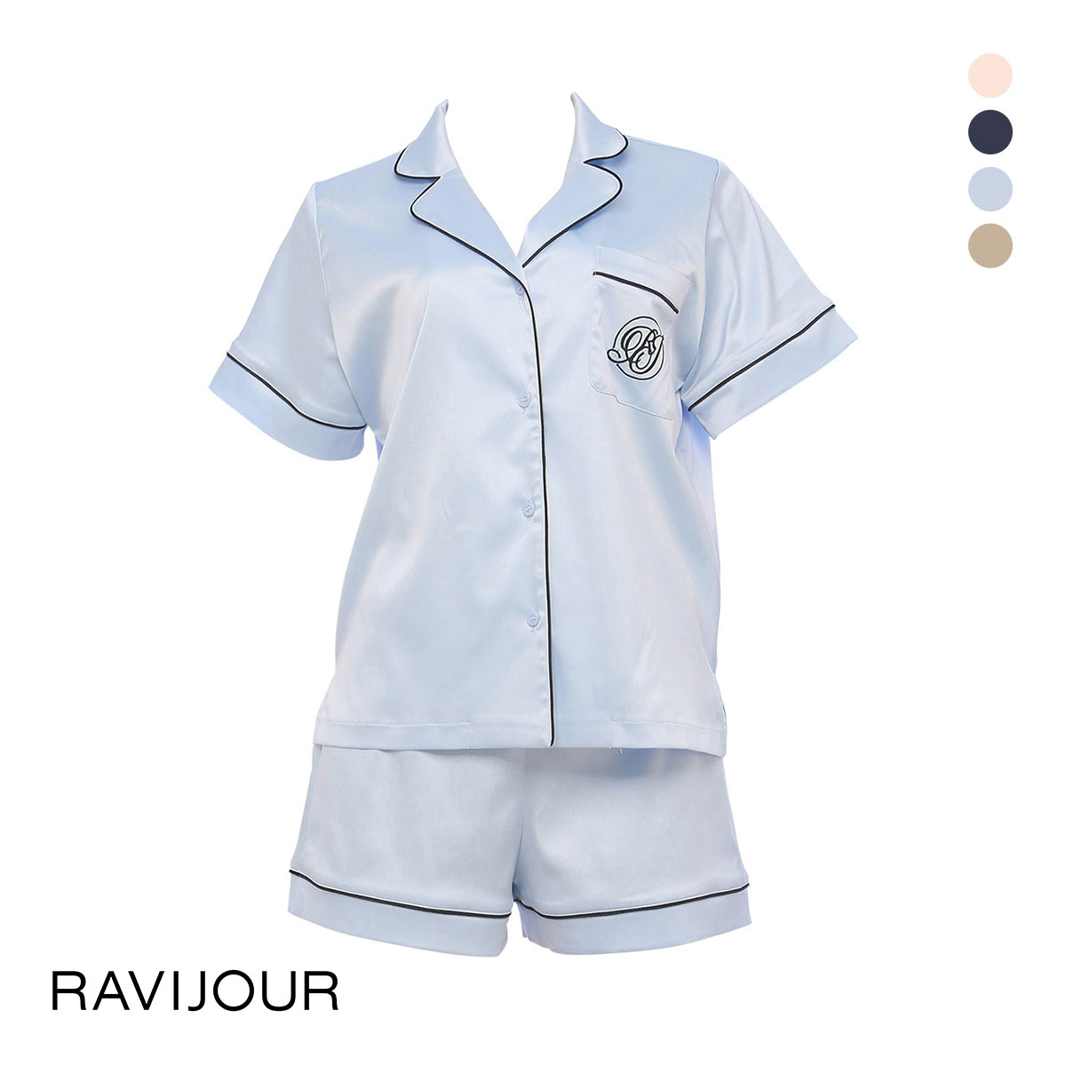 ラヴィジュール RAVIJOUR サテンシャツ ショートスリーブ セットアップ ルームウェア 半袖 パジャマ ナイトウェア(BU-ブルー-ONESIZE)