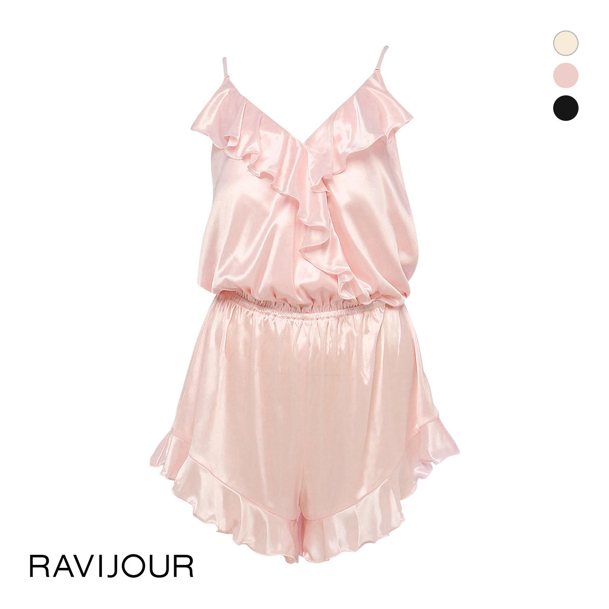 ラヴィジュール RAVIJOUR シルキーフリル ロンパース カップ付き ルームウェア パジャマ ランジェリー オールインワン(PI-ピンク-ONESIZE)