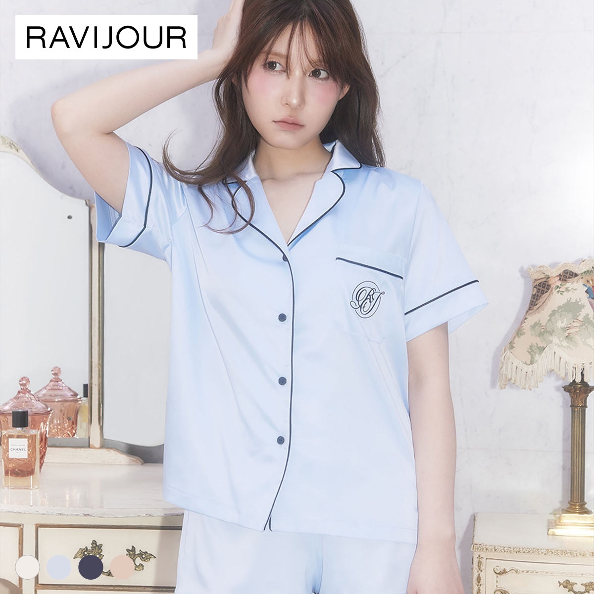 ラヴィジュール RAVIJOUR サテンシャツ ショートスリーブ セットアップ ルームウェア 半袖 パジャマ ナイトウェア(BU-ブルー-ONESIZE)