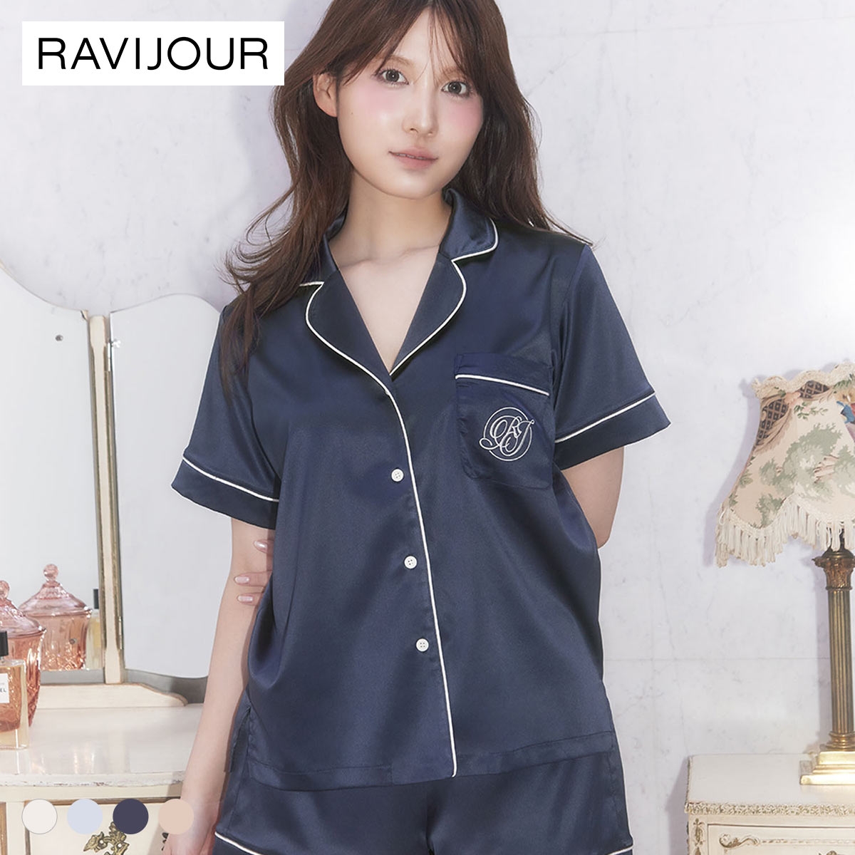 ラヴィジュール RAVIJOUR サテンシャツ ショートスリーブ セットアップ ルームウェア 半袖 パジャマ ナイトウェア(NV-ネイビー-ONESIZE)