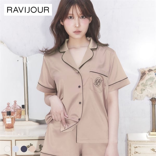 ラヴィジュール RAVIJOUR サテンシャツ ショートスリーブ セットアップ ルームウェア 半袖 パジャマ ナイトウェア
