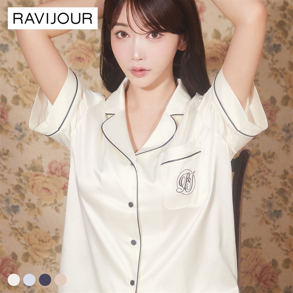 ラヴィジュール RAVIJOUR サテンシャツ ショートスリーブ セットアップ ルームウェア 半袖 パジャマ ナイトウェア