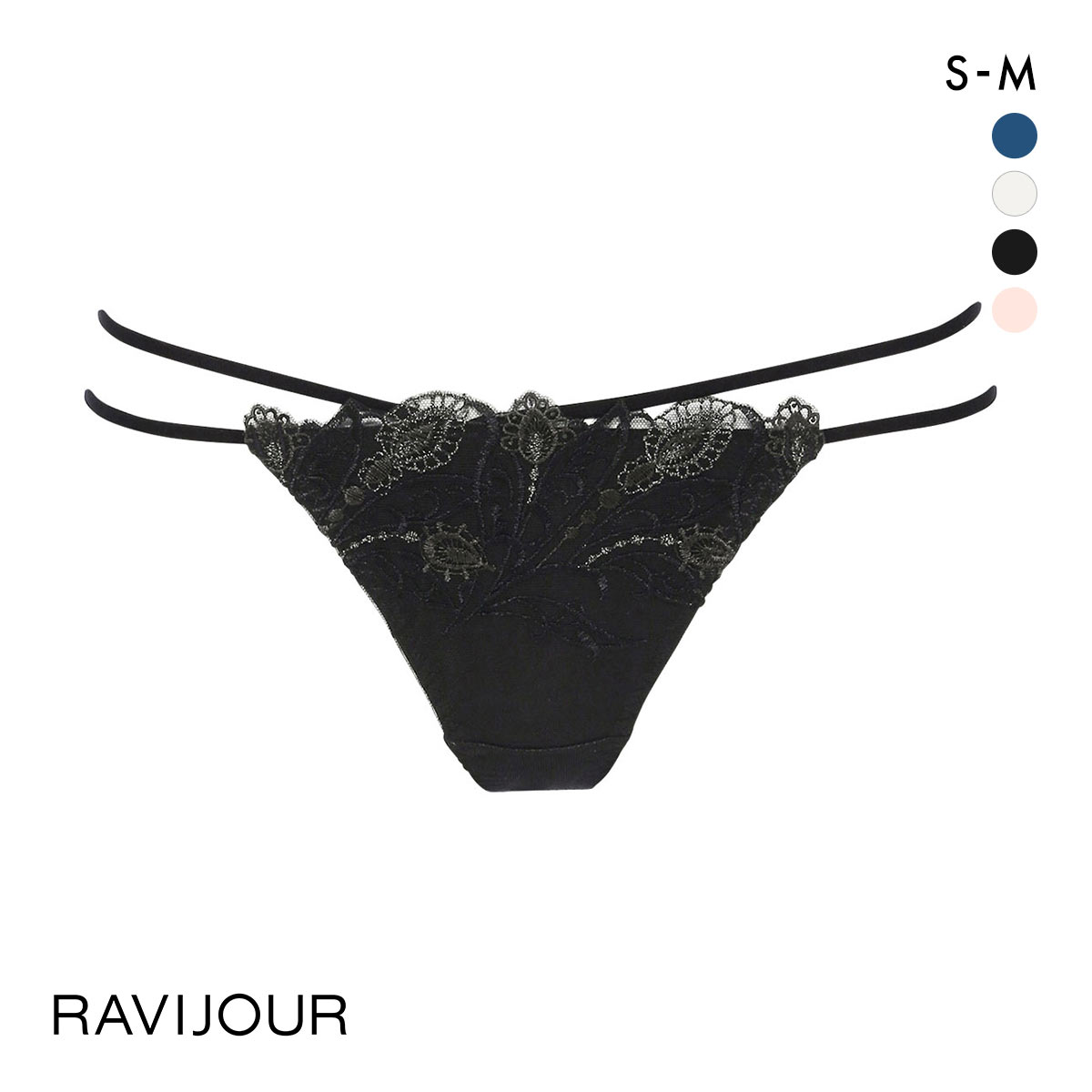 ラヴィジュール RAVIJOUR レーシーフェザー エンブレース Tバック ショーツ SM タンガ ソング バックレース 総レース 透け バックオープン(BK-ブラック-S)