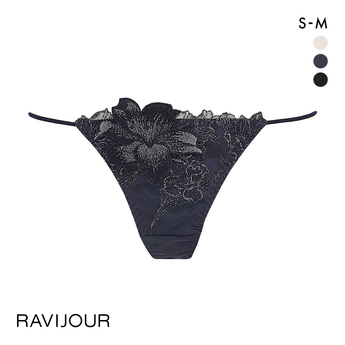 ラヴィジュール マリーサテン ストレッチレース Tバックショーツ タンガ ソング SM バックレース 透け ストリング RAVIJOUR(NV-ネイビー-S)