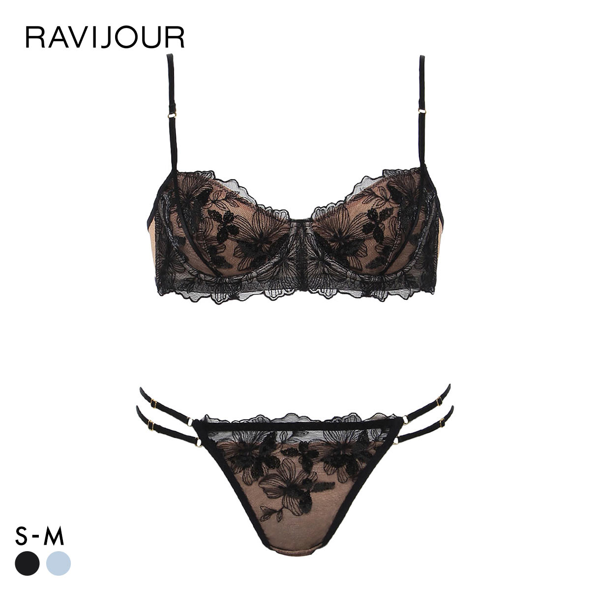 ラヴィジュール MINAMOコラボ グロウレース ブラ＆Tバックセット ブラジャー Tバックショーツ ソング セクシー RAVIJOUR(BK-ブラック-S)