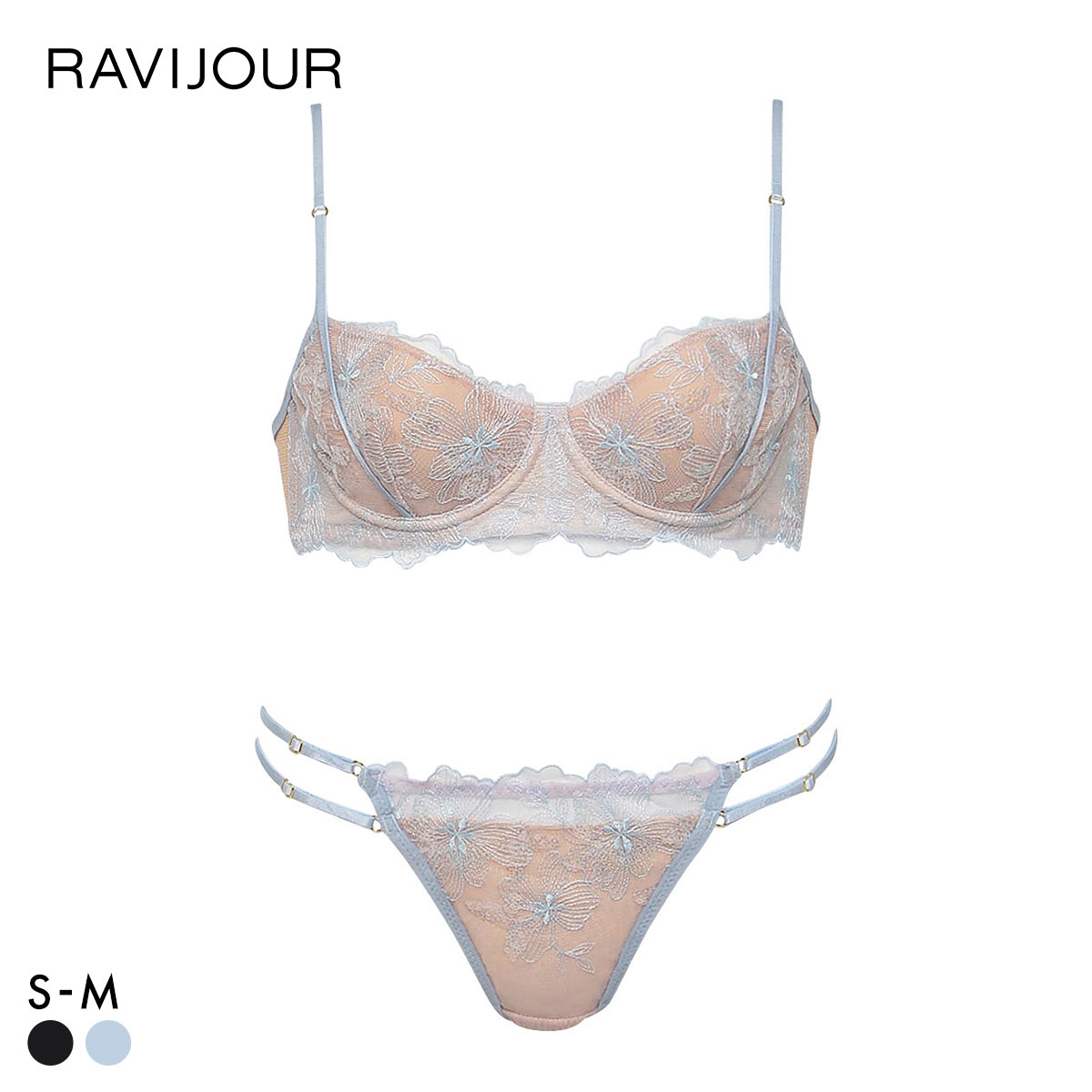 ラヴィジュール MINAMOコラボ グロウレース ブラ＆Tバックセット ブラジャー Tバックショーツ ソング セクシー RAVIJOUR(BU-ブルー-S)