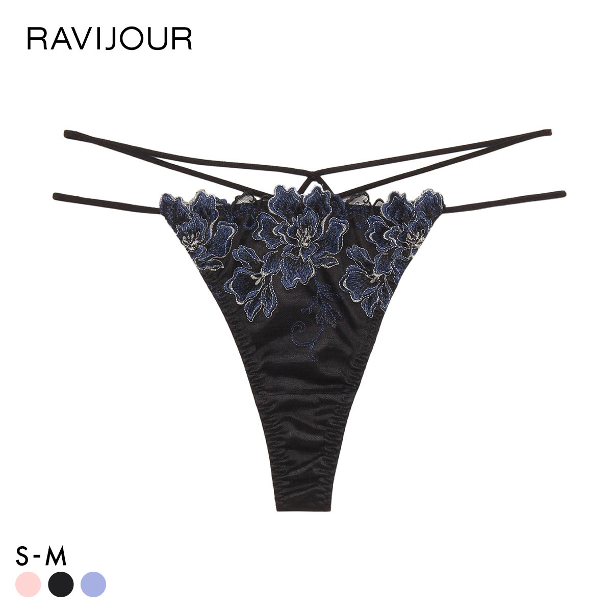 ラヴィジュール マルヴァ エンブロイダリーレースTバック ソング Tショーツ SM バックレース 透け RAVIJOUR(BK-ブラック-S)