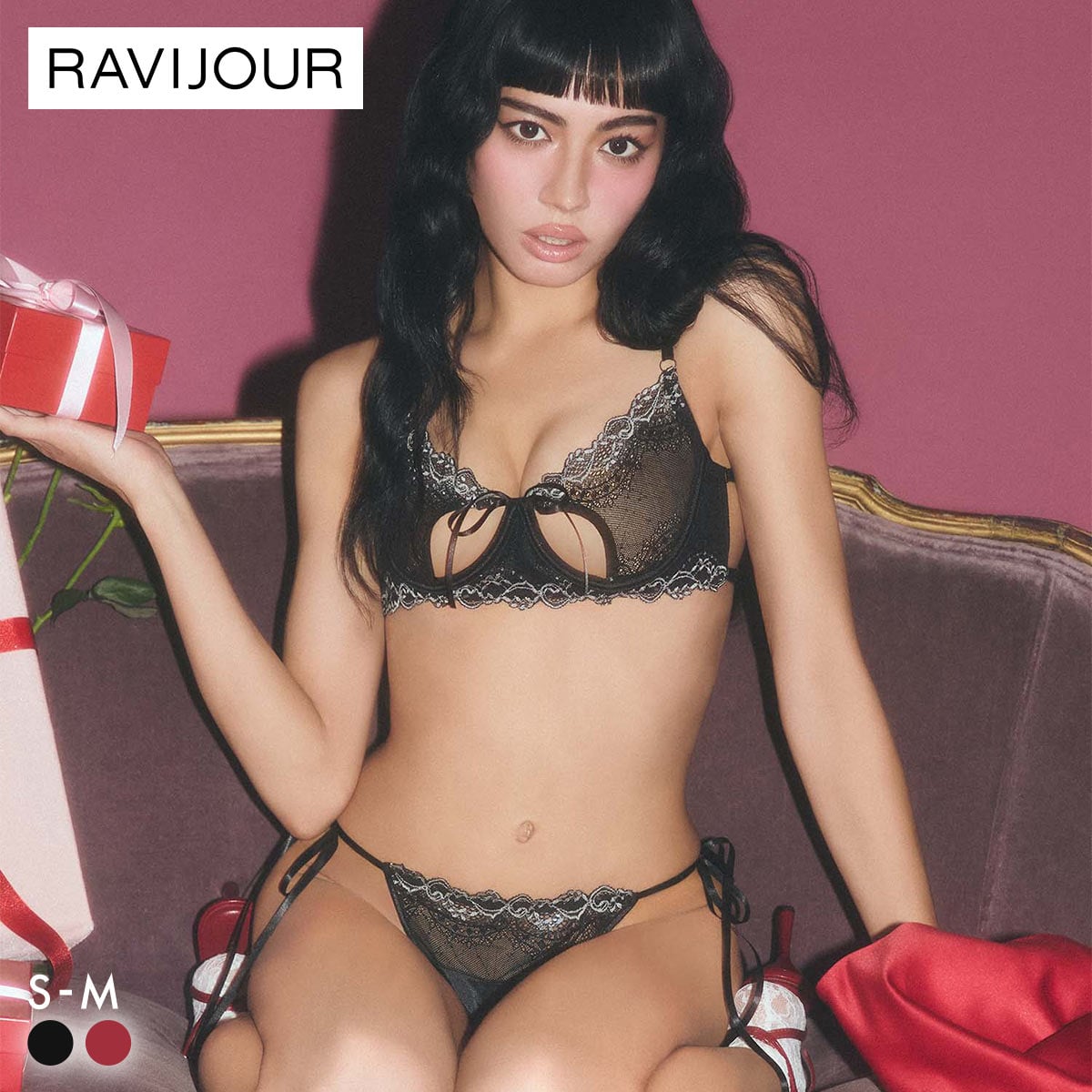 ラヴィジュール アンレースミー ブラ＆Tバック セット ブラショーツ セット Tバックショーツ Gストリング 過激 セクシー ランジェリー RAVIJOUR(BK-ブラック-S)