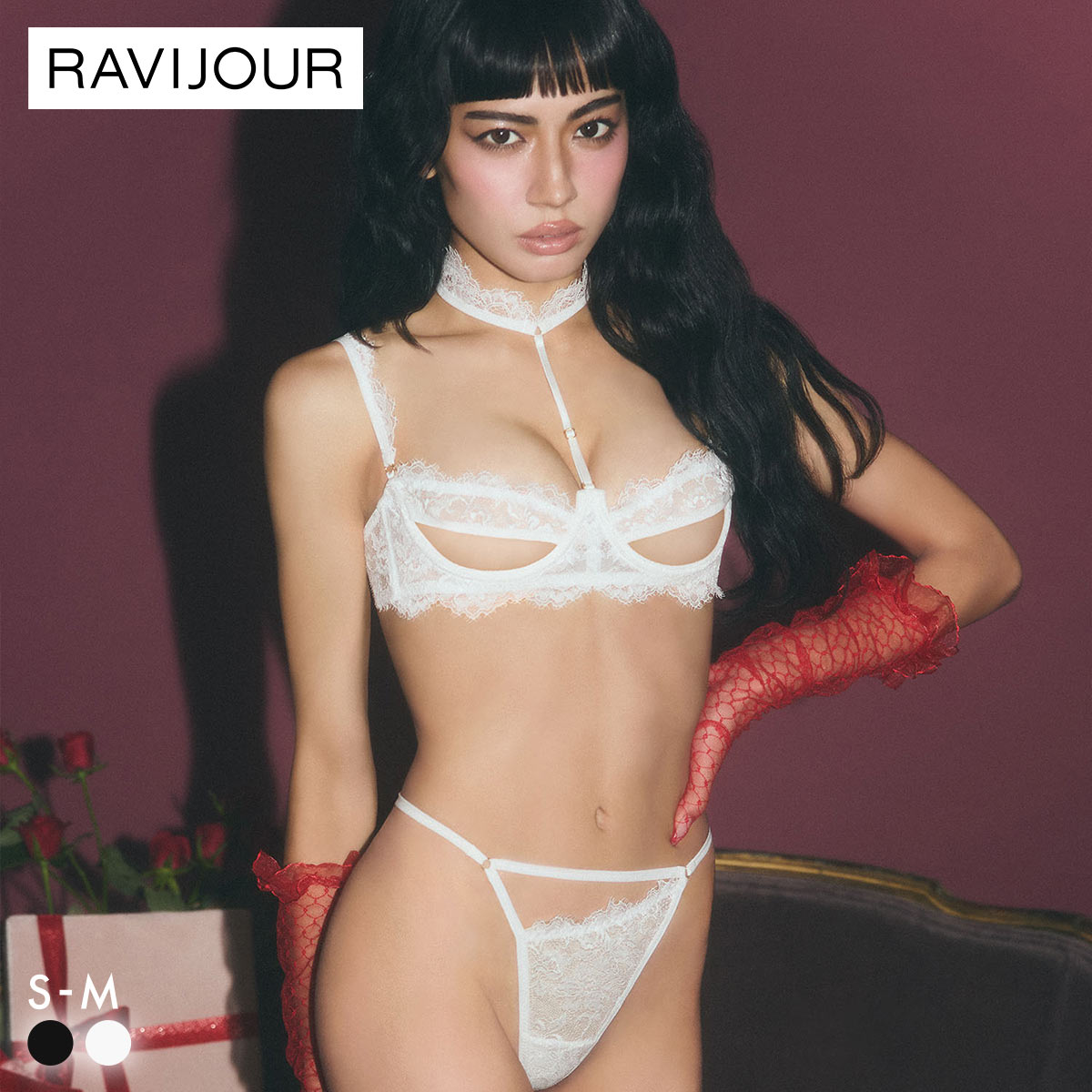 ラヴィジュール ノワールブラン ブラ＆Tバック セット ブラショーツ セット Tバックショーツ セクシー 過激 ランジェリー RAVIJOUR(WH-ホワイト-S)