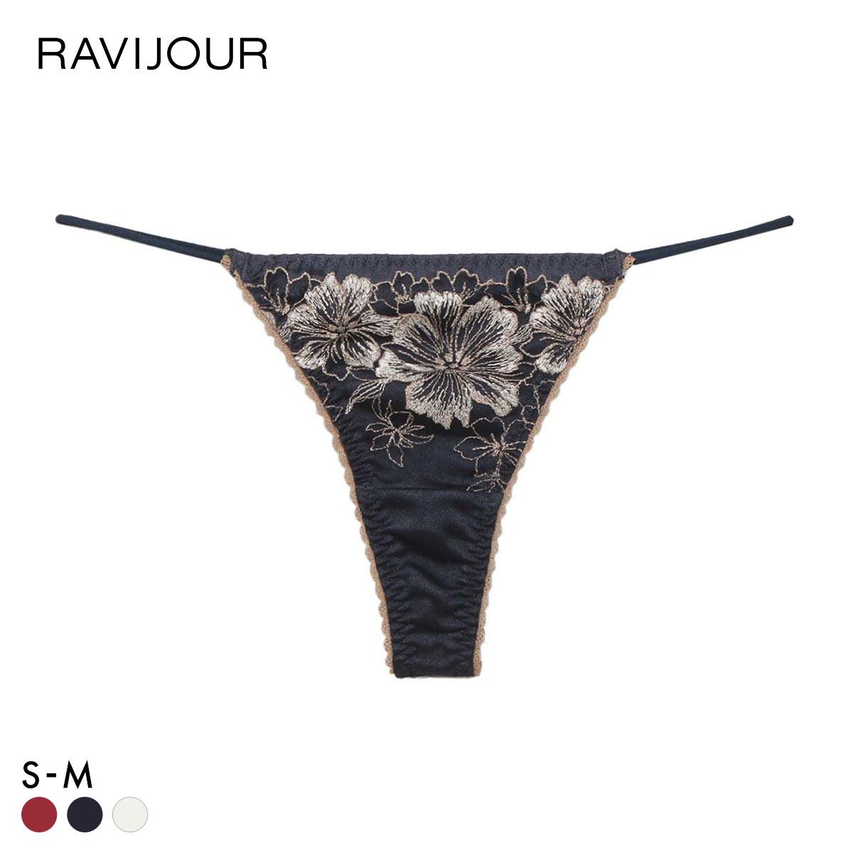 ラヴィジュール アルミラ エンブロイダリーレース Tバックショーツ ソング タンガ SM バックレース 透け RAVIJOUR(NV-ネイビー-S)