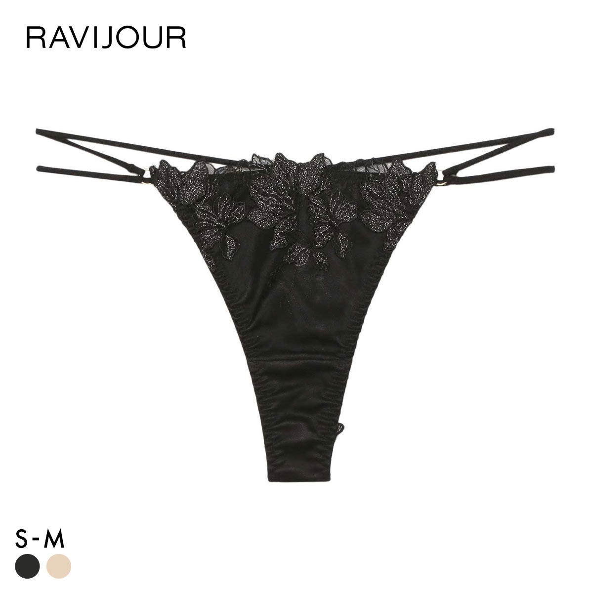 ラヴィジュール フィオナ エンブロイダリーレース Tバックショーツ ソング タンガ セクシー SM バックレース 透け RAVIJOUR(BK-ブラック-S)