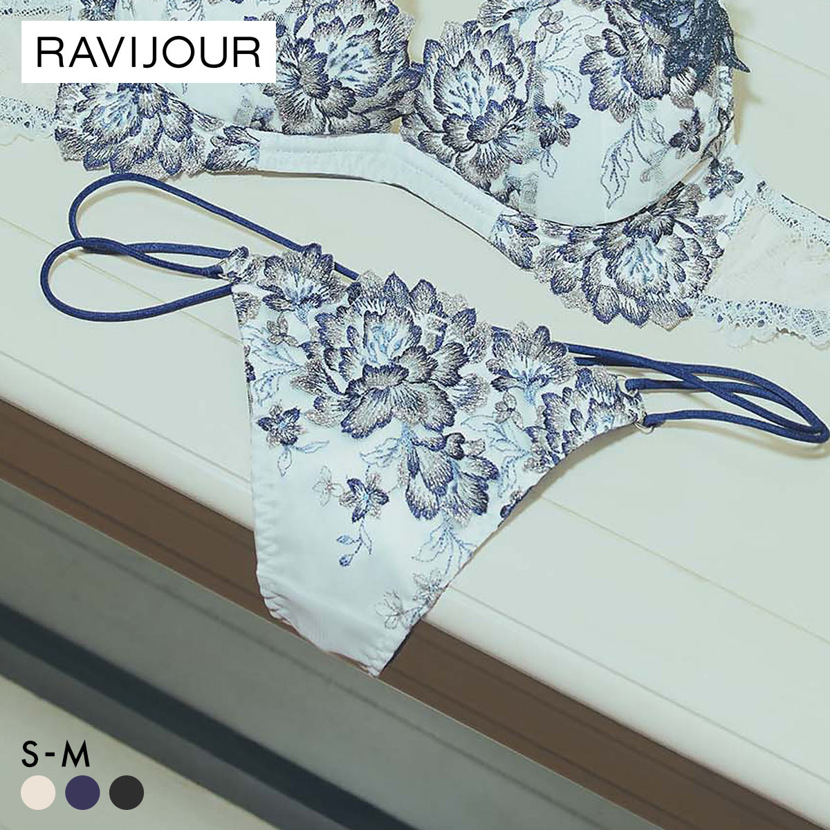 ラヴィジュール パルフルール エンブロイダリーレース Tバックショーツ ソング タンガ SM セクシー バックレース 透け RAVIJOUR(NV-ネイビー-S)