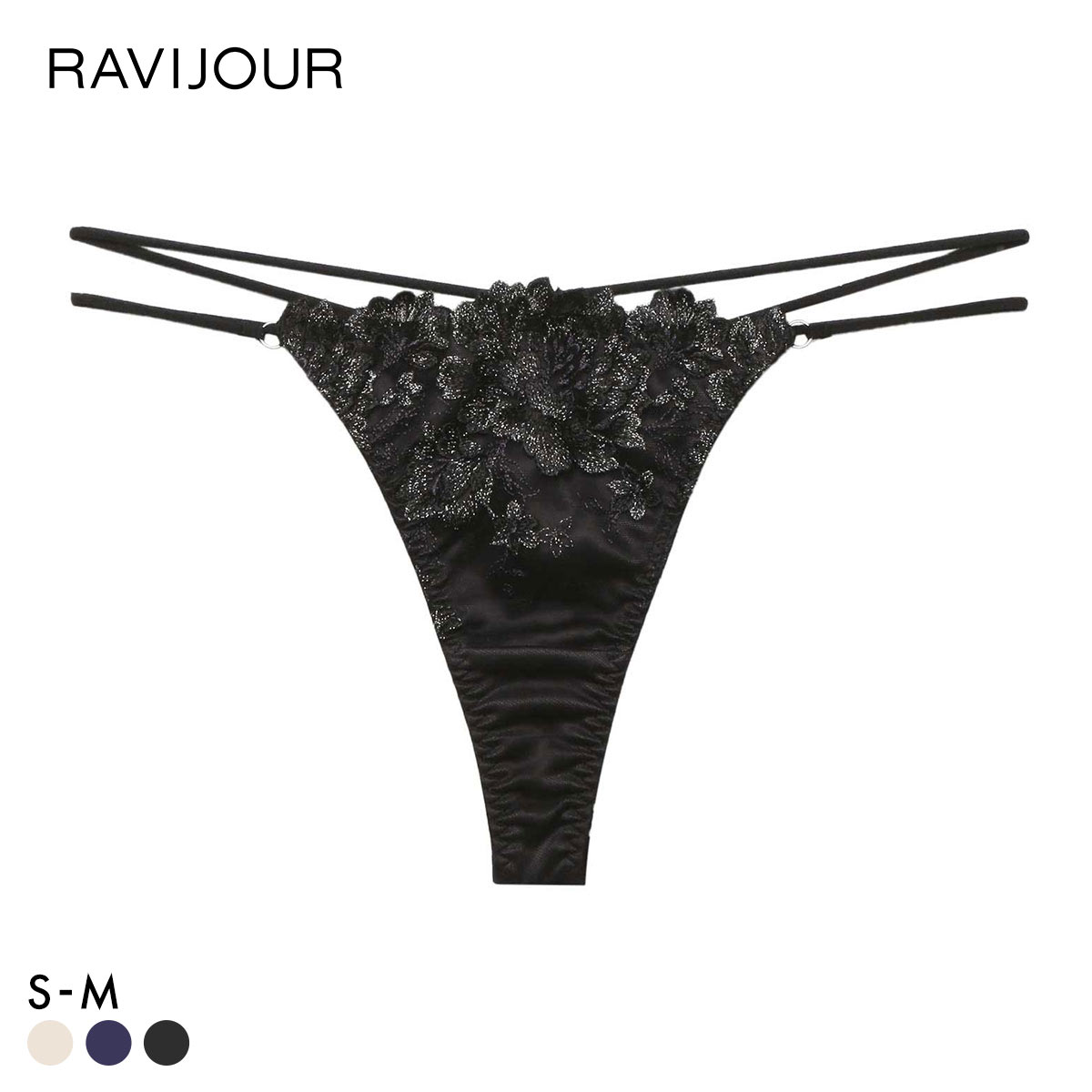 ラヴィジュール パルフルール エンブロイダリーレース Tバックショーツ ソング タンガ SM セクシー バックレース 透け RAVIJOUR(BK-ブラック-S)