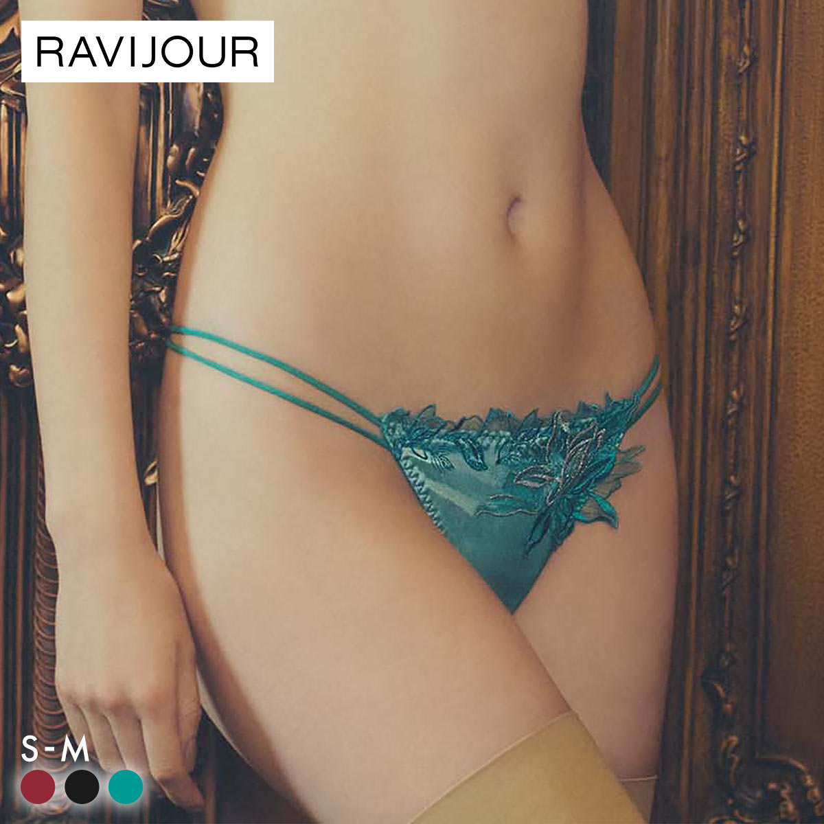 ラヴィジュール エルザ エンブロイダリーレース Tバックショーツ ソング タンガ SM セクシー バックレース 透け RAVIJOUR(GR-グリーン-S)