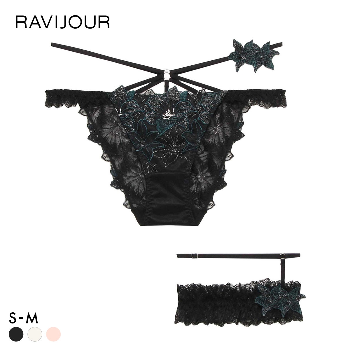 ラヴィジュール エリザベス ショーツ キャットガーター付き SM セクシー バックレース 透け RAVIJOUR(BK-ブラック-S)