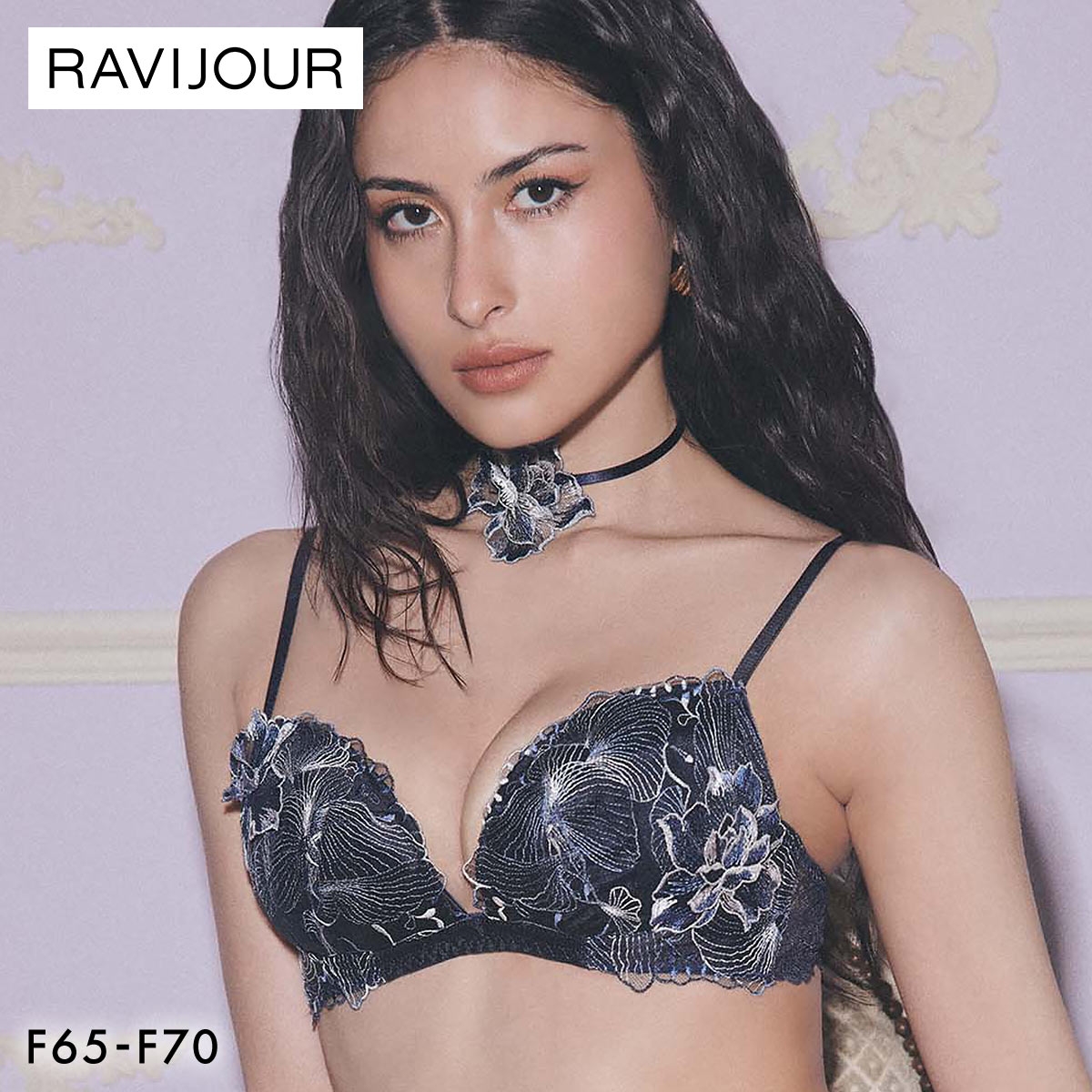 ラヴィジュール オーバーフラワー シンクアップブラ ブラジャー FG 盛り 谷間 バストアップ リフトアップ RAVIJOUR(NV-ネイビー-F65)