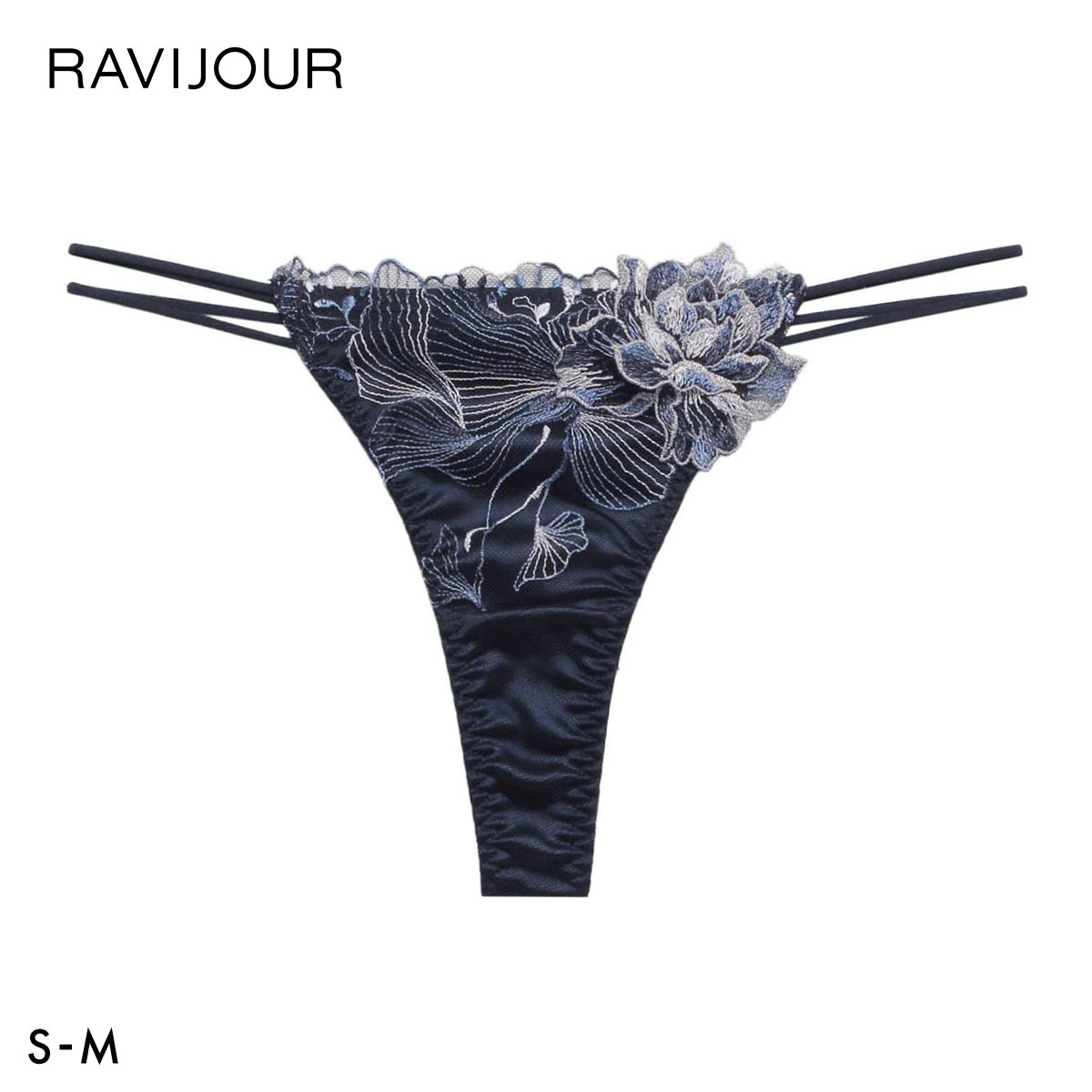 ラヴィジュール オーバーフラワー ストレッチレース Tバックショーツ SM セクシー バックレース 透け RAVIJOUR(NV-ネイビー-S)