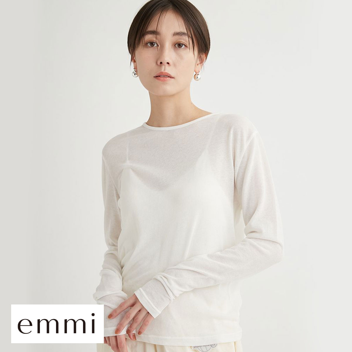 エミ 強撚天竺クルーネックカットソー トップス インナー 綿混 単品 emmi(WH-ホワイト-Free)