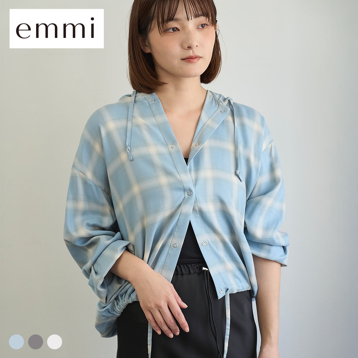 エミ チェックフーディーシャツ emmi