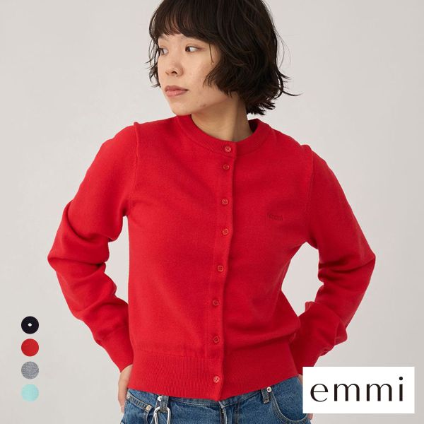エミ ウール混emmiロゴクルーネックニットカーディガン emmi