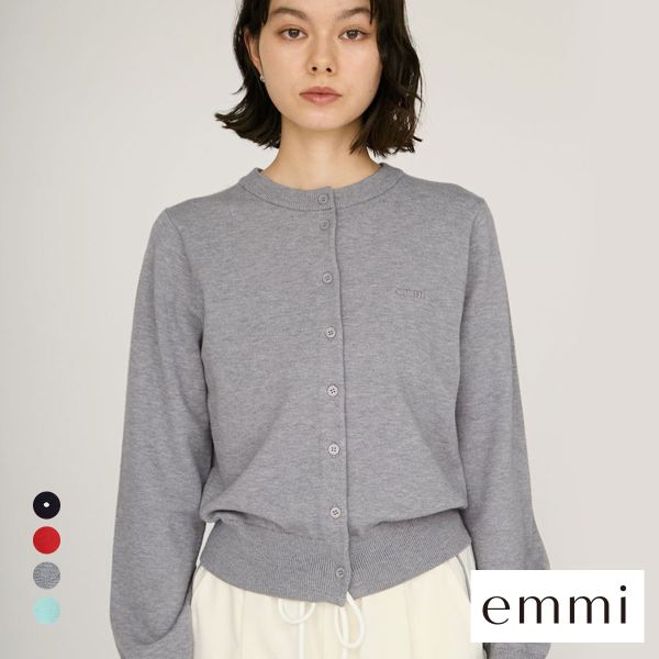エミ ウール混emmiロゴクルーネックニットカーディガン emmi