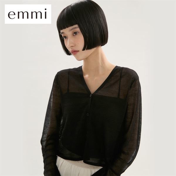 エミ リネン混Vネックシアーボーダーニットカーディガン ハンドウォッシャブル emmi