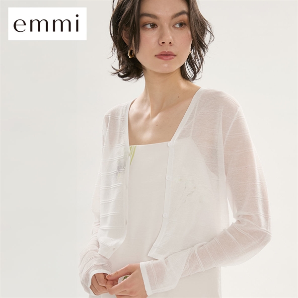 エミ リネン混Vネックシアーボーダーニットカーディガン ハンドウォッシャブル emmi