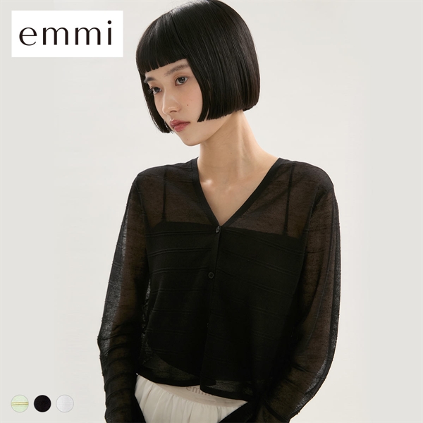 エミ リネン混Vネックシアーボーダーニットカーディガン ハンドウォッシャブル emmi